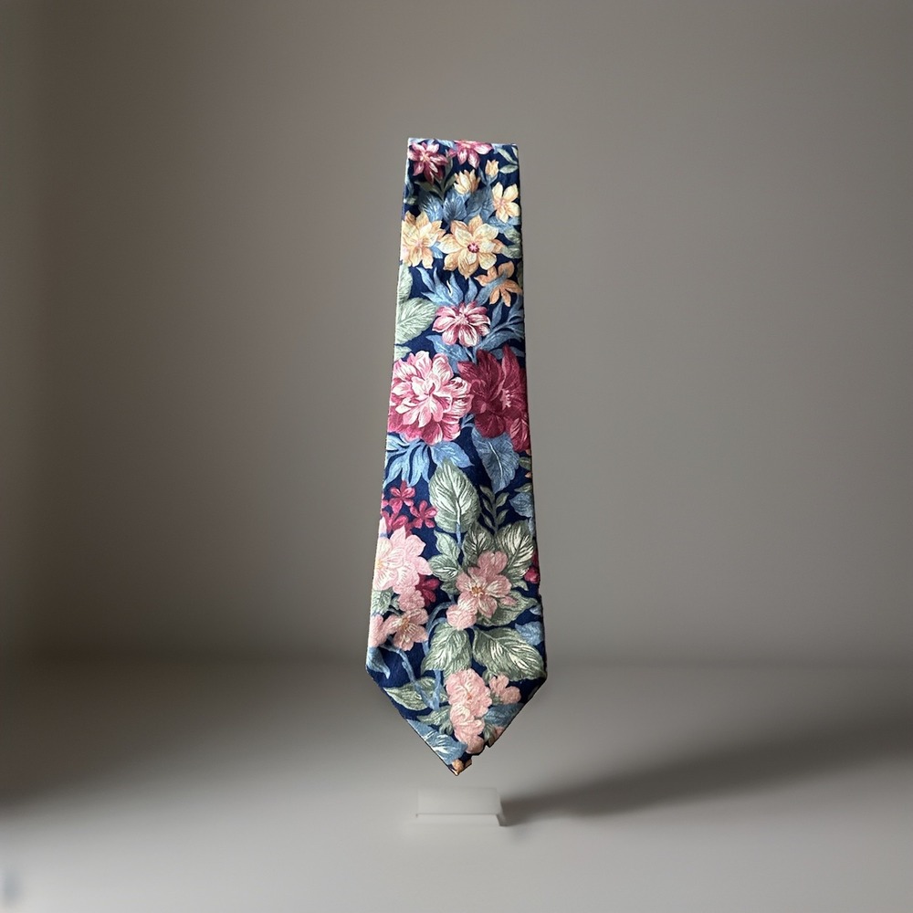 Natural Presence Floral Neck Tie Navy Pink Yellow Botanical 56" Vintage Style